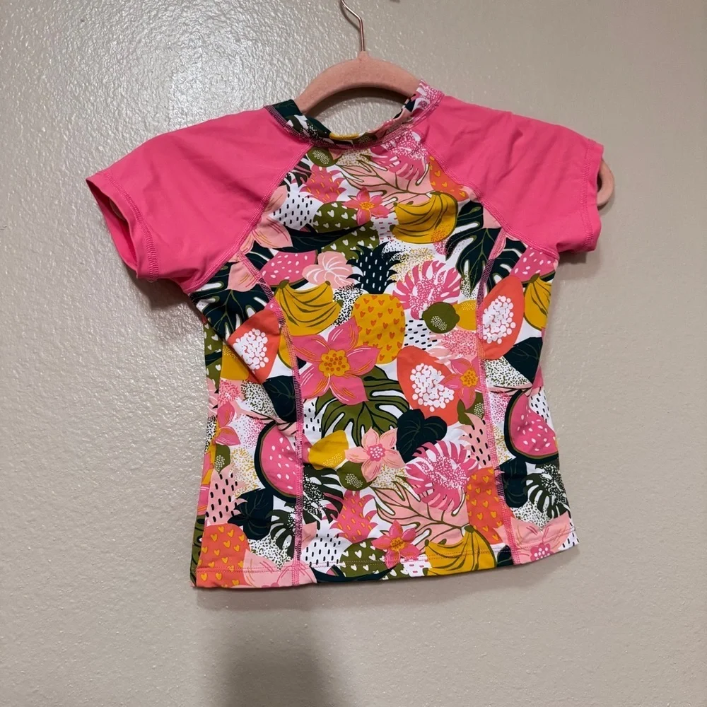 Garnet Hill Pink Tropical Zip-Front Rash Guard Tee